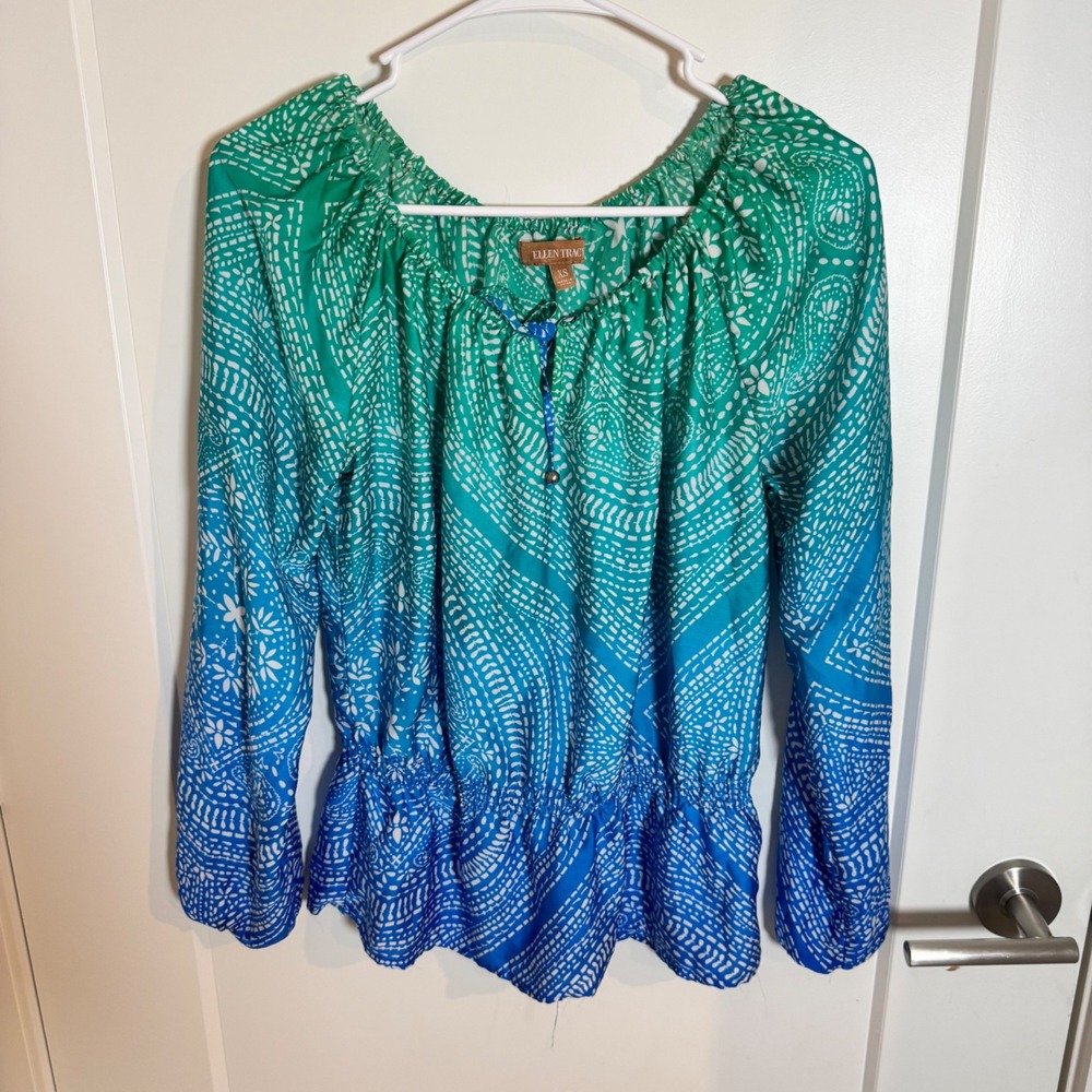 ELLEN TRACY Women's‎ Long Sleeve Peasant Blouse Green Blue Ombre Print XS